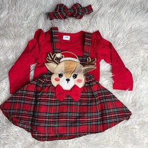 Red Plaid Reindeer Christmas Holiday Girls jumper dress - 3 pieces